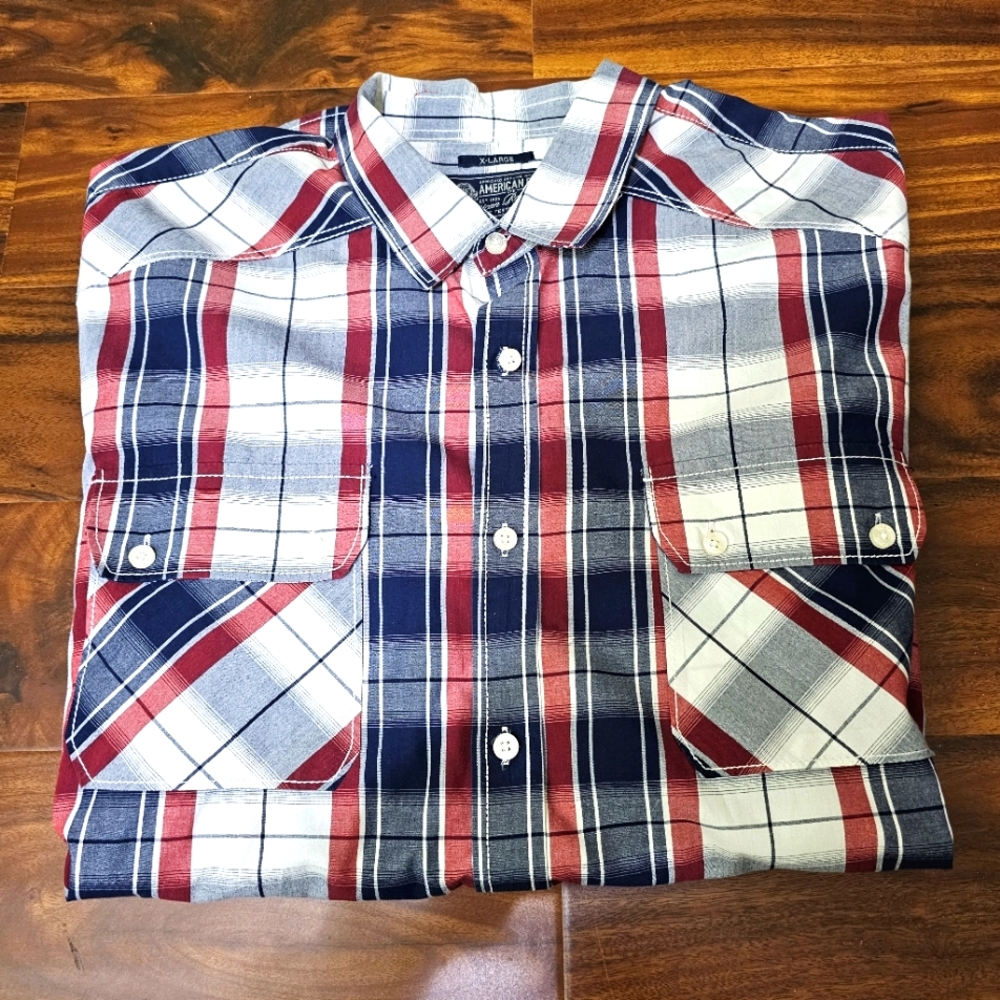 American Rag Cie Men's Blue/Gray Plaid Long-Sleeve Button Shirt Size XL